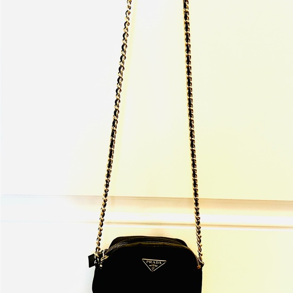 Vintage and Unique Prada Quilted Black Crossbody Nylon Bag with Gold Chain - Picture 1 of 15